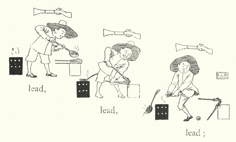 Byl tam mužíček a měl malou pistoli a jeho kulky byly z olova, olova, olova (rytina) od Leonard Leslie Brooke