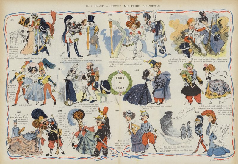 14. července - vojenský přehled uplynulého století. Ilustrace pro Le Rire od Leonce Burret