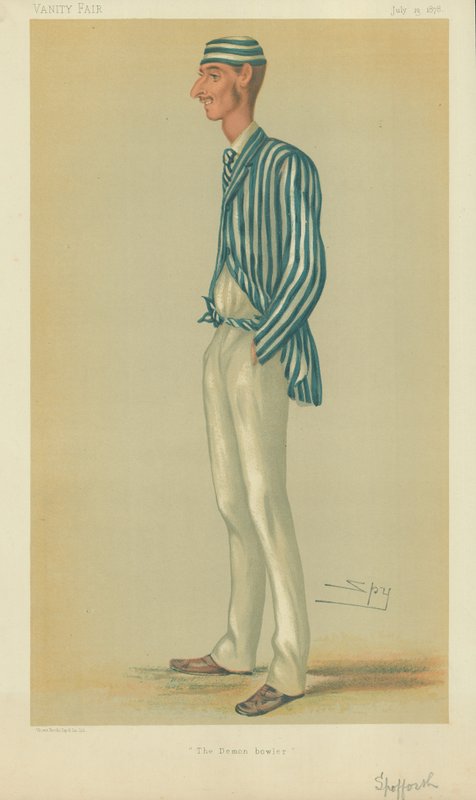 Pan Markham Spofforth, nadhazovač démonů, 13. července 1878, karikatura Vanity Fair od Leslie Matthew Ward