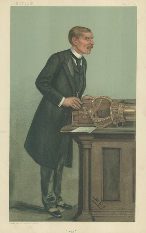Pan William St John Fremantle Brodrick, válka, 18. července 1901, karikatura Vanity Fair od Leslie Matthew Ward