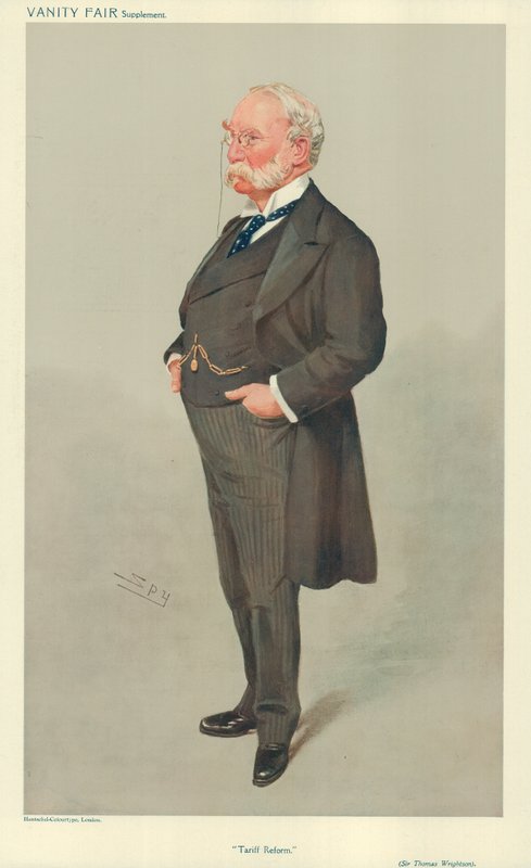 Sir Thomas Wrightson, Tarifní reforma, 6. května 1908, karikatura Vanity Fair od Leslie Matthew Ward