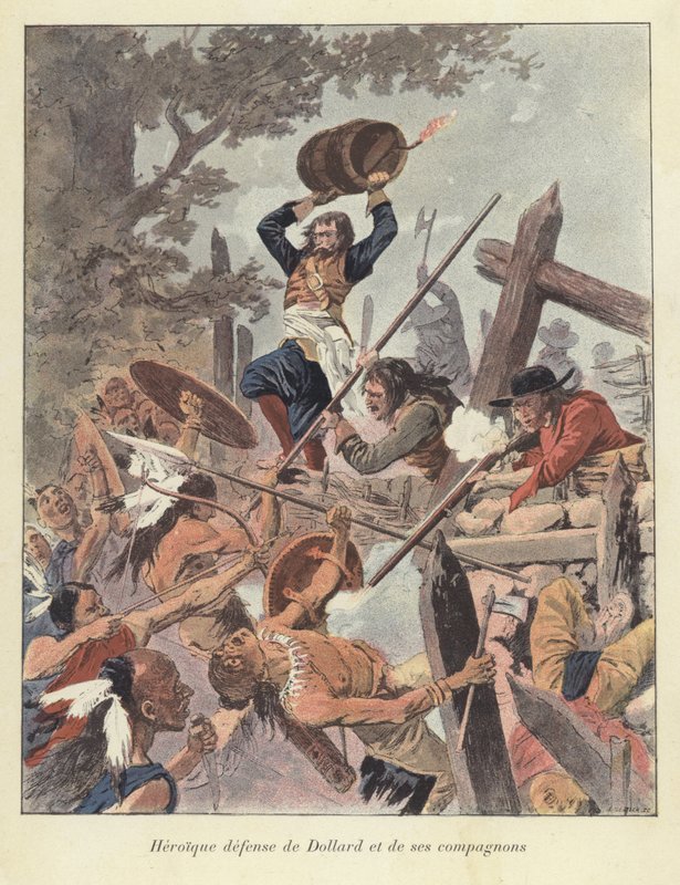 Adam Dollard a jeho společníci bojující proti Irokézům v bitvě u Long Sault, Kanada, 1660 od Louis Charles Bombled