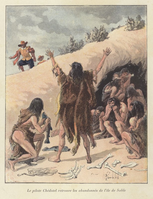 Pilot Chedotel najde přeživší členy francouzské kolonie na Ile de Sable, Kanada, c1600 od Louis Charles Bombled