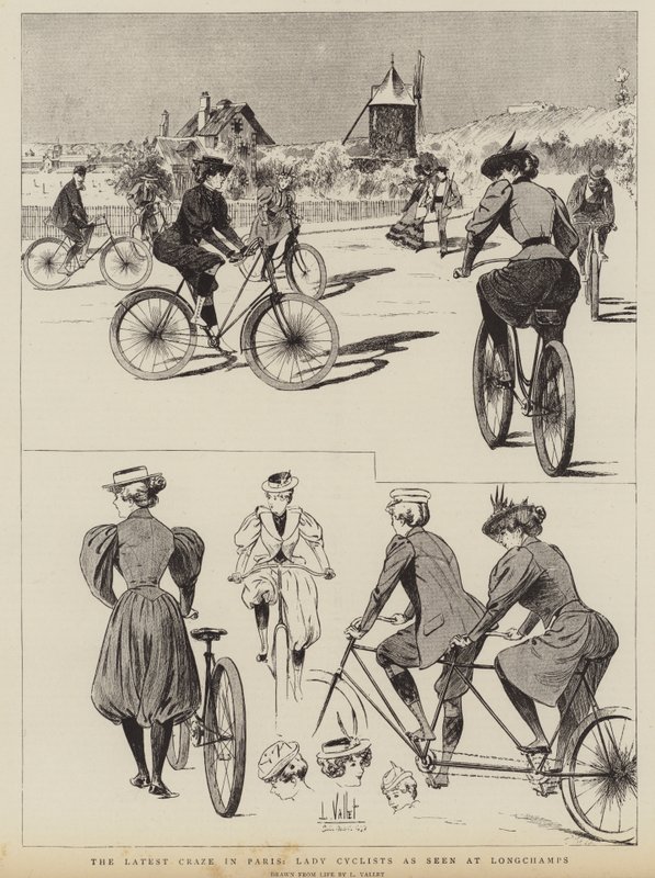 Nejnovější šílenství v Paříži, Lady Cyclists, jak je vidět na Longchamps od Louis Vallet