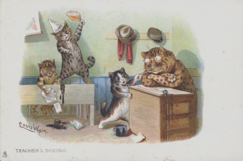Kočky ve třídě: učitel dřímá, a tak se studenti chovají špatně (chromolitho) od Louis (after) Wain
