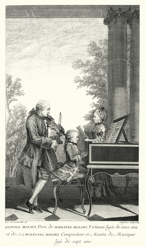 Leopold Mozart hraje hudbu se svou dcerou Marianne a synem Wolfgangem (rytina) od Louis Carrogis (after) Carmontelle