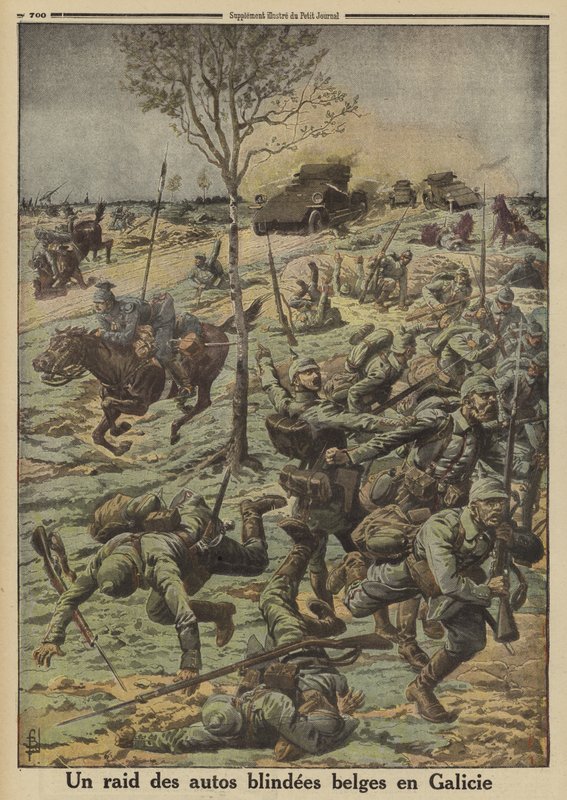 Belgická obrněná auta ve službách ruské armády generála Brusilova útočící na německé jednotky v Haliči, první světová válka od Louis Charles (after) Bombled