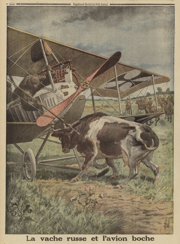 Kráva bránící německému letadlu vzlétnout, Luck, Rusko, první světová válka od Louis Charles (after) Bombled