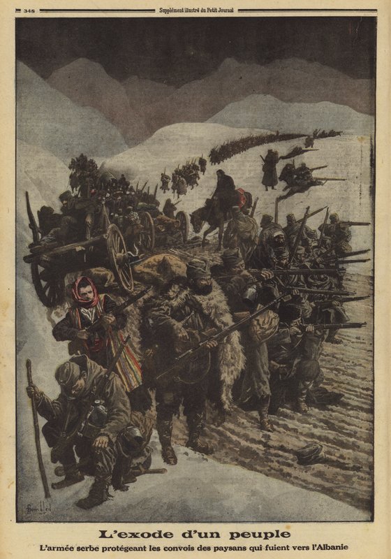 Exodus lidu: srbská armáda chránící kolonu rolníků prchajících do Albánie, první světová válka od Louis Charles (after) Bombled