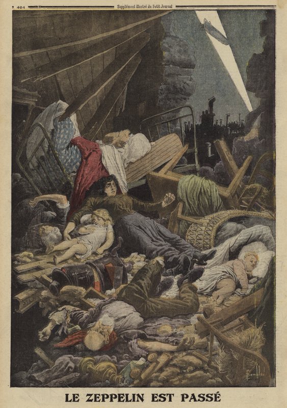 Rodina zabita při bombovém náletu německým Zeppelinem, první světová válka, 1916 (barevné lito) od Louis Charles (after) Bombled