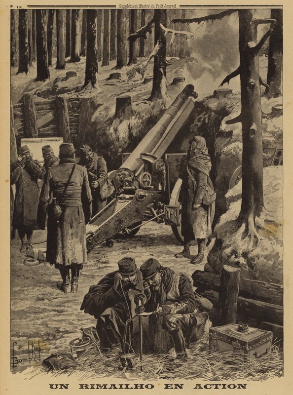 Francouzská armádní rychlopalná střední houfnice Rimailho v akci, první světová válka od Louis Charles (after) Bombled