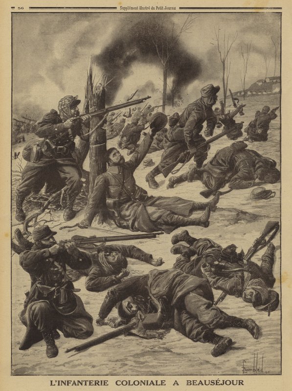 Francouzská koloniální pěchota bojující u Beausejour, první světová válka od Louis Charles (after) Bombled