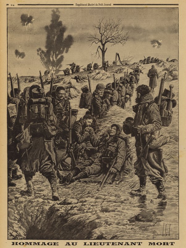 Francouzští vojáci vzdávají úctu poručíkovi zabitému v akci, první světová válka od Louis Charles (after) Bombled