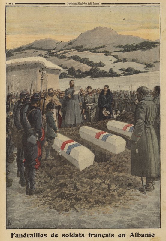 Pohřeb francouzských vojáků, kteří zemřeli v Albánii během ústupu ze Srbska, první světová válka od Louis Charles (after) Bombled