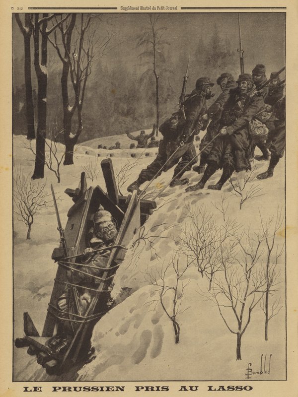 Německý voják v hlídkovém boxu zajatý francouzskými Chasseurs Alpins pomocí lasa, první světová válka od Louis Charles (after) Bombled