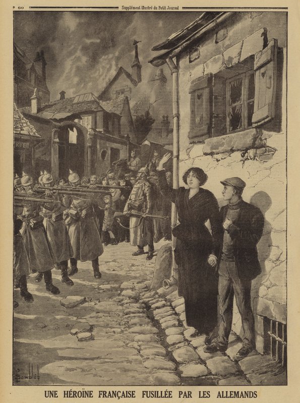 Německé válečné zločiny: Mladá žena zastřelená popravčí četou ve francouzské vesnici, první světová válka od Louis Charles (after) Bombled
