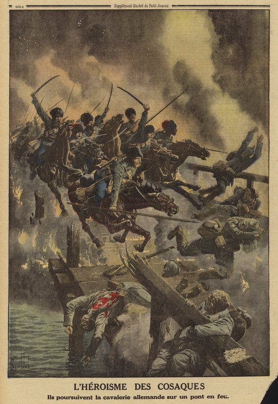 Ruští kozáci pronásledující německou jízdu přes hořící most přes řeku Strypu, první světová válka od Louis Charles (after) Bombled