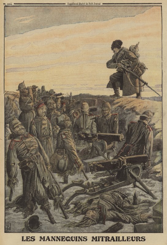 Ruský voják objevující německý zákop s kulomety s posádkou figurín vojáků; první světová válka od Louis Charles (after) Bombled