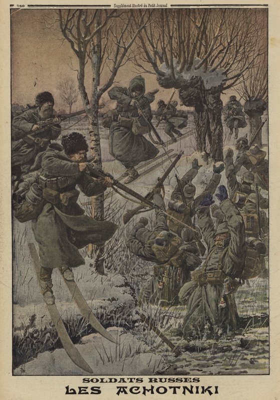 Ruští vojáci na lyžích zajímají skupinu Němců, první světová válka od Louis Charles (after) Bombled