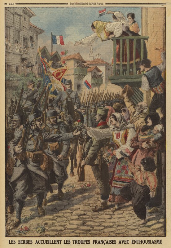 Srbští civilisté nadšeně vítali příchod francouzských jednotek, první světová válka od Louis Charles (after) Bombled