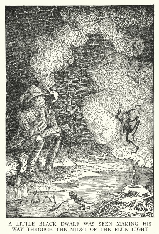 Byl viděn malý černý trpaslík, jak si razí cestu uprostřed modrého světla (litho) od Louis John Rhead
