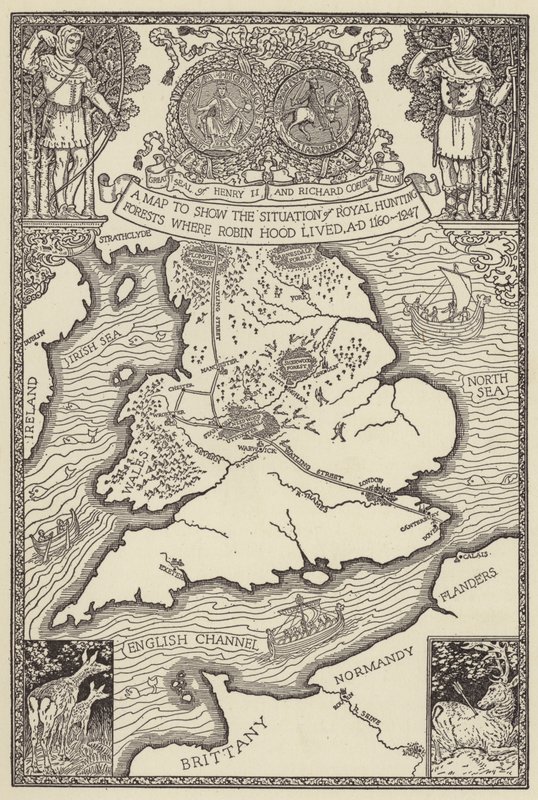 Mapa znázorňující situaci Královských loveckých lesů, kde žil Robin Hood, 1160-1247 našeho letopočtu od Louis John Rhead