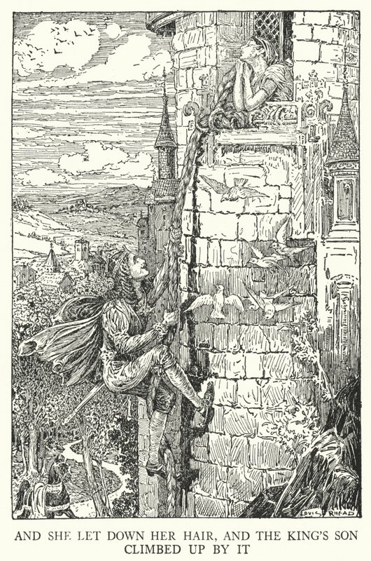 A spustila si vlasy a králův syn po nich vylezl (litho) od Louis John Rhead