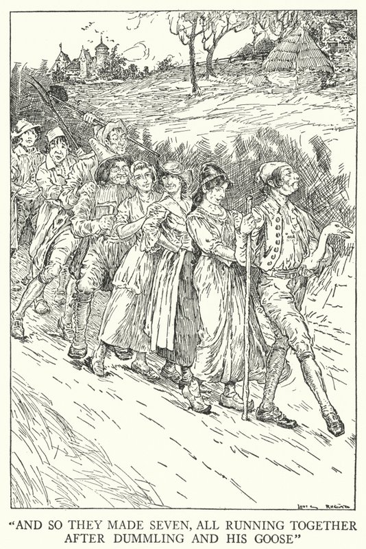 "A tak jich bylo sedm, všichni společně běželi za Dummlingem a jeho husou" (litho) od Louis John Rhead