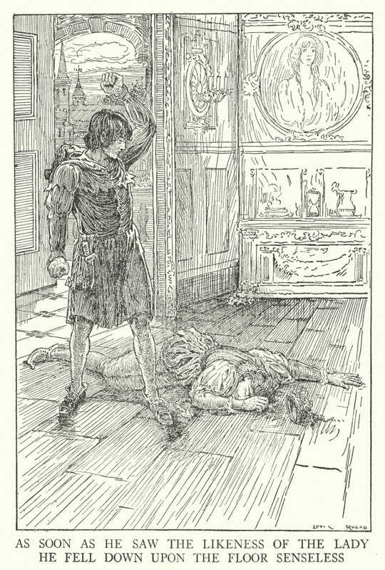 Jakmile spatřil podobiznu té dámy, upadl na zem jako smyslů zbavený (litho) od Louis John Rhead