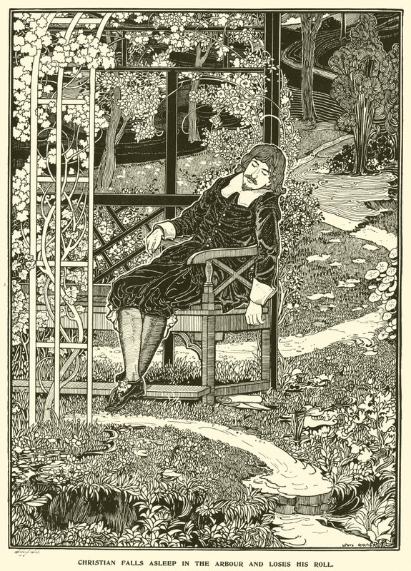 Christian usne v altánu a ztratí svou roli (rytina) od Louis John Rhead