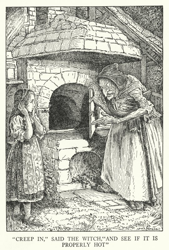 "Vplížte se dovnitř," řekla čarodějnice, "a podívejte se, jestli je pořádně horká" (litho) od Louis John Rhead