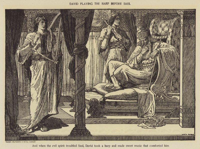 David hraje na harfu před Saulem od Louis John Rhead