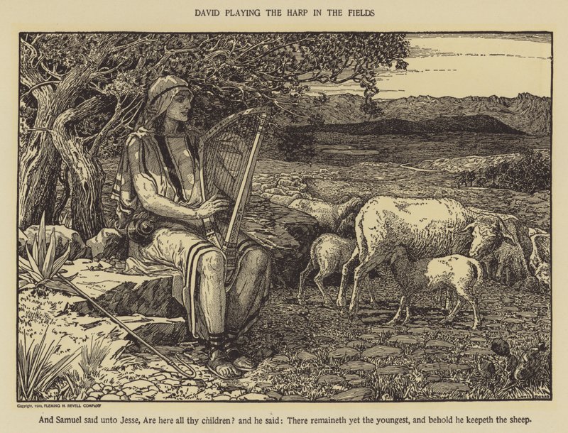 David hraje na harfu na poli od Louis John Rhead