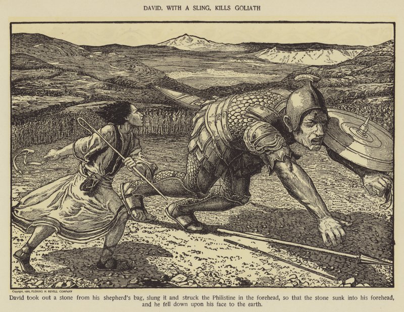 David s prakem zabíjí Goliáše od Louis John Rhead