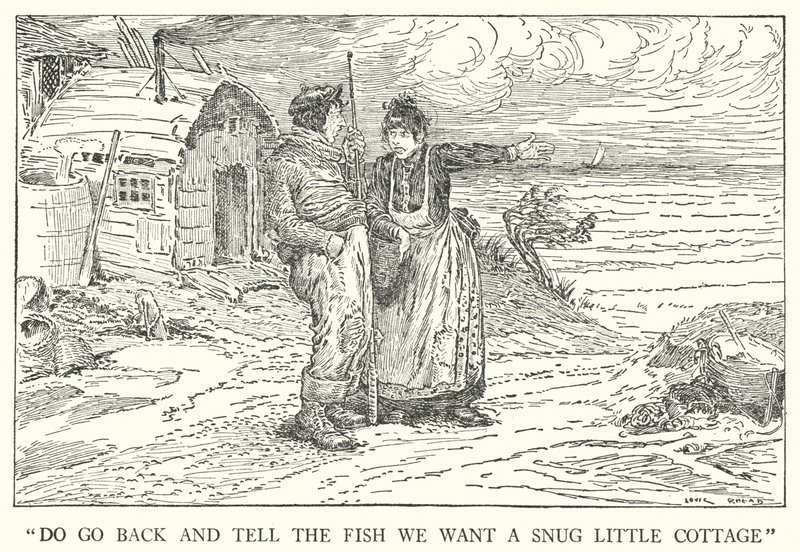 "Vrať se a řekni rybě, že chceme útulnou chaloupku" (litho) od Louis John Rhead