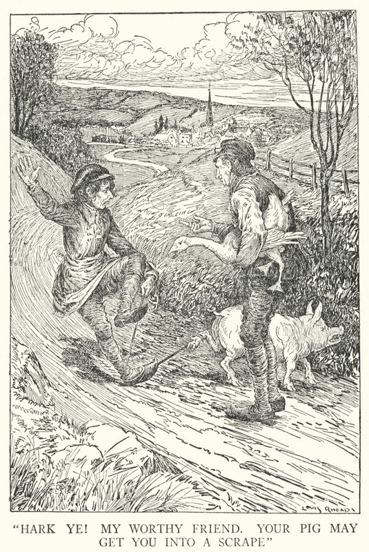 "Poslouchej! Můj hodný příteli, tvoje prase tě může dostat do škrábance" (litho) od Louis John Rhead