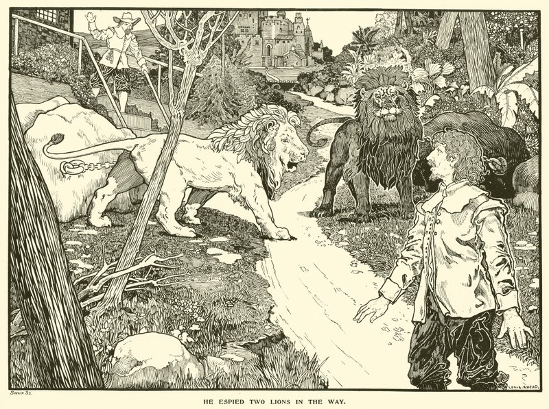 On Espied Two Lions in the Way (rytina) od Louis John Rhead