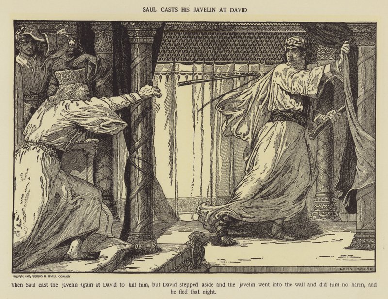 Saul vrhá oštěp na Davida od Louis John Rhead