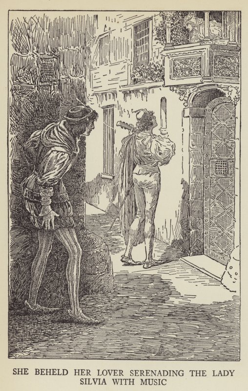Viděla svého milence, jak serenáduje Lady Silvii hudbou od Louis John Rhead