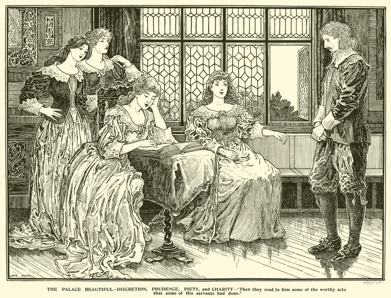 Palác Krásný, diskrétnost, obezřetnost, zbožnost a dobročinnost (rytina) od Louis John Rhead