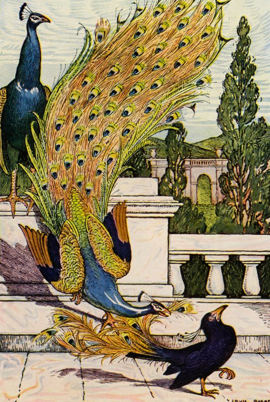 Páv a straka (barevná litografie) od Louis John Rhead