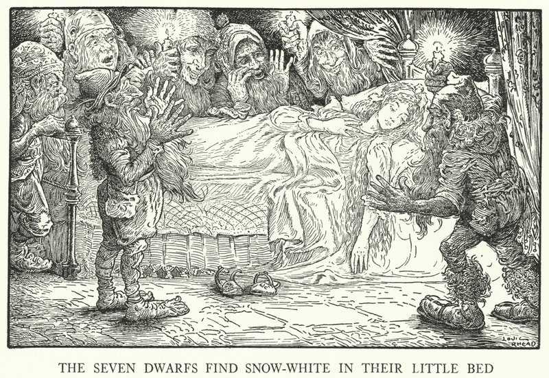 Sedm trpaslíků najde Sněhurku ve své postýlce (litho) od Louis John Rhead