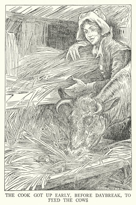 Kuchař vstal brzy, před svítáním, aby nakrmil krávy (litho) od Louis John Rhead