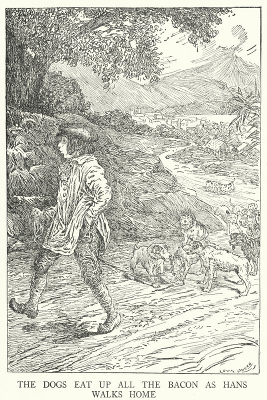 Psi sežerou všechnu slaninu, když Hans jde domů (litho) od Louis John Rhead