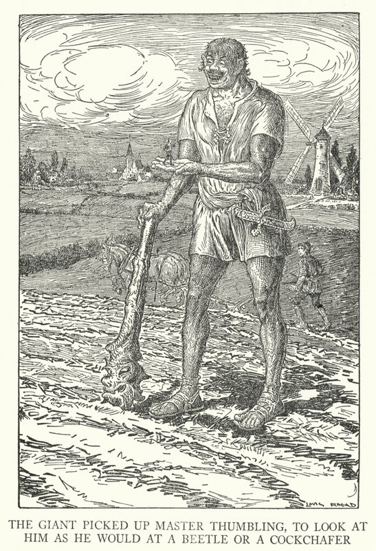 Obr zvedl mistra Thumblinga, aby se na něj podíval jako na brouka nebo chrousta (litho) od Louis John Rhead