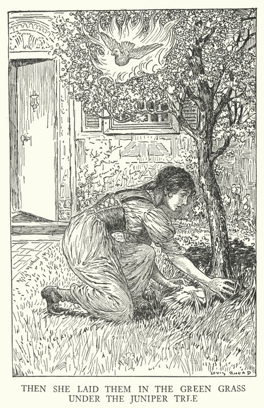 Položila je do zelené trávy pod jalovcem (litho) od Louis John Rhead