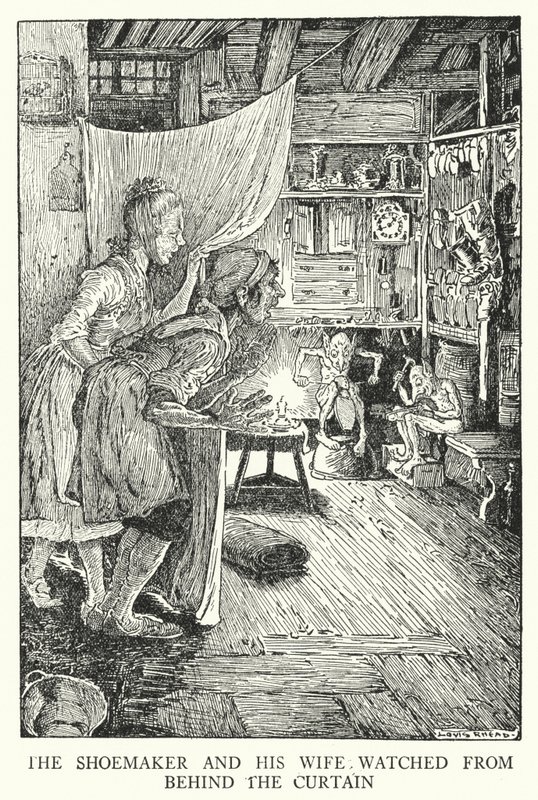 Švec a jeho žena sledovali zpoza závěsu (litho) od Louis John Rhead