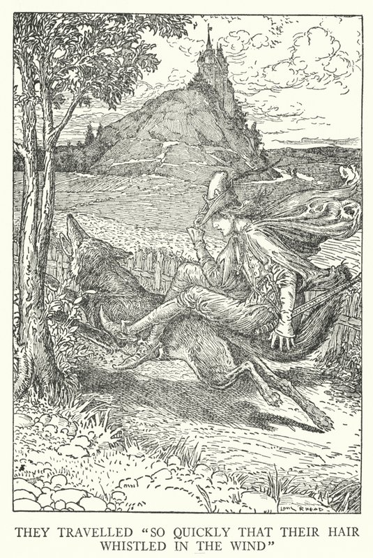 Cestovali „tak rychle, že jim vlasy svištěly ve větru“ (litho) od Louis John Rhead