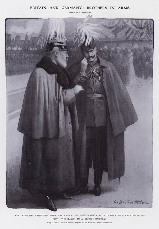 Král Edward VII. oblečený jako plukovník pruských dragounů a císař Wilhelm II. oblečený jako britský polní maršál (litho) od Louis Remy Sabattier