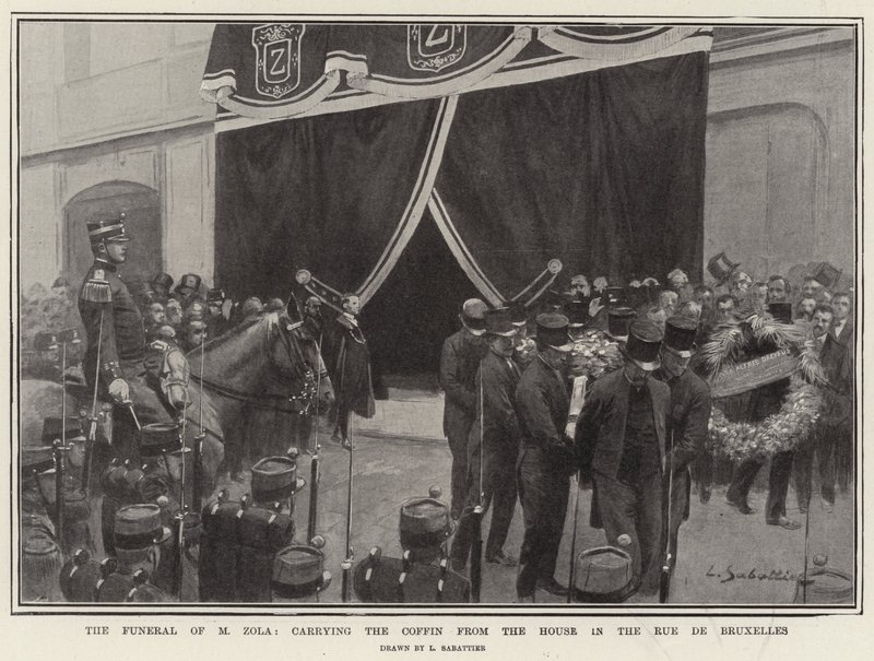 Pohřeb M. Zoly, nesoucí rakev z domu v Rue de Bruxelles od Louis Remy Sabattier